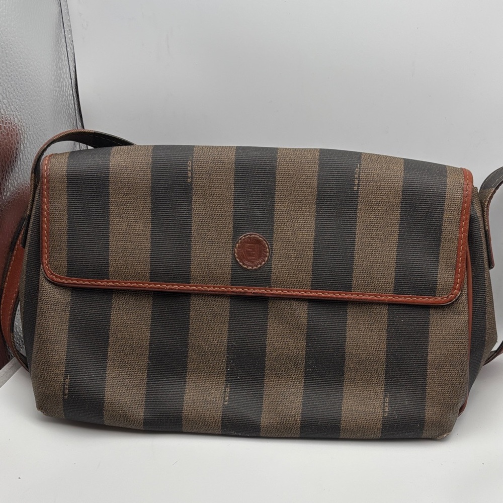 Fendi Striped Canvas Shoulder Bag in Brown and Black